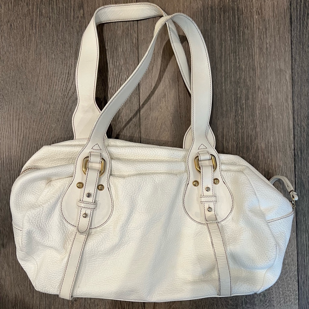 Furla White Pebbled Leather Shoulder Bag, Double Straps, Original Dust Bag